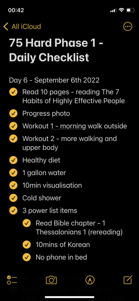 A checklist of my tasks for 75 Hard Phase 1