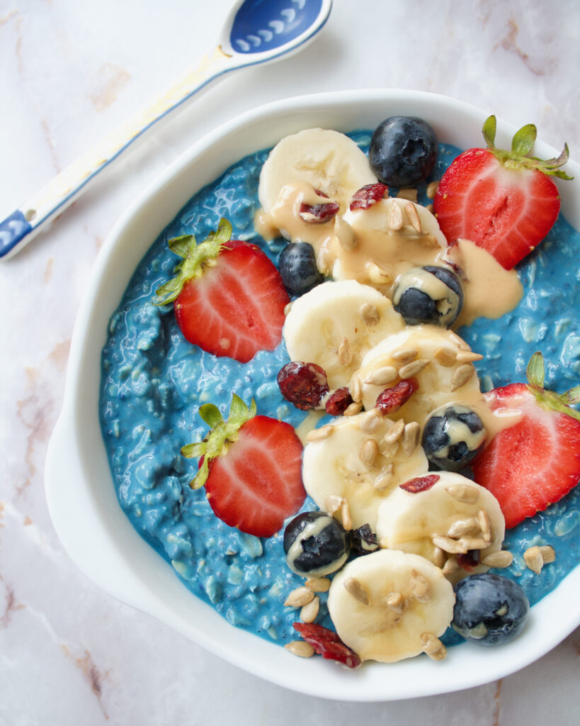A bowl of blue overnight oats for The Summer I Turned Pretty breakfast