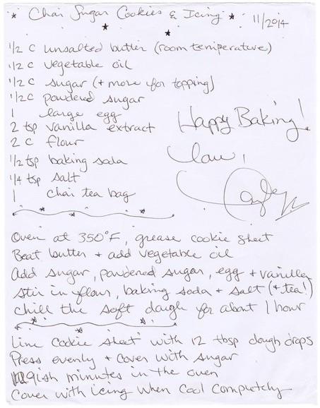 Taylor Swift's handwritten recipe for chai sugar cookies